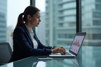 Femme d'affaires en costume bleu analysant des graphiques financiers