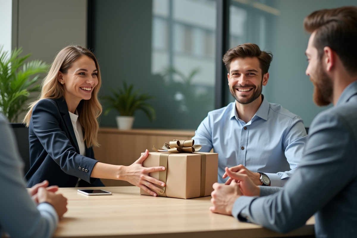 Femme professionnelle offrant un cadeau à un client souriant
