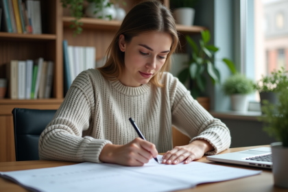 Femme écrivant sur un calendrier dans un bureau lumineux