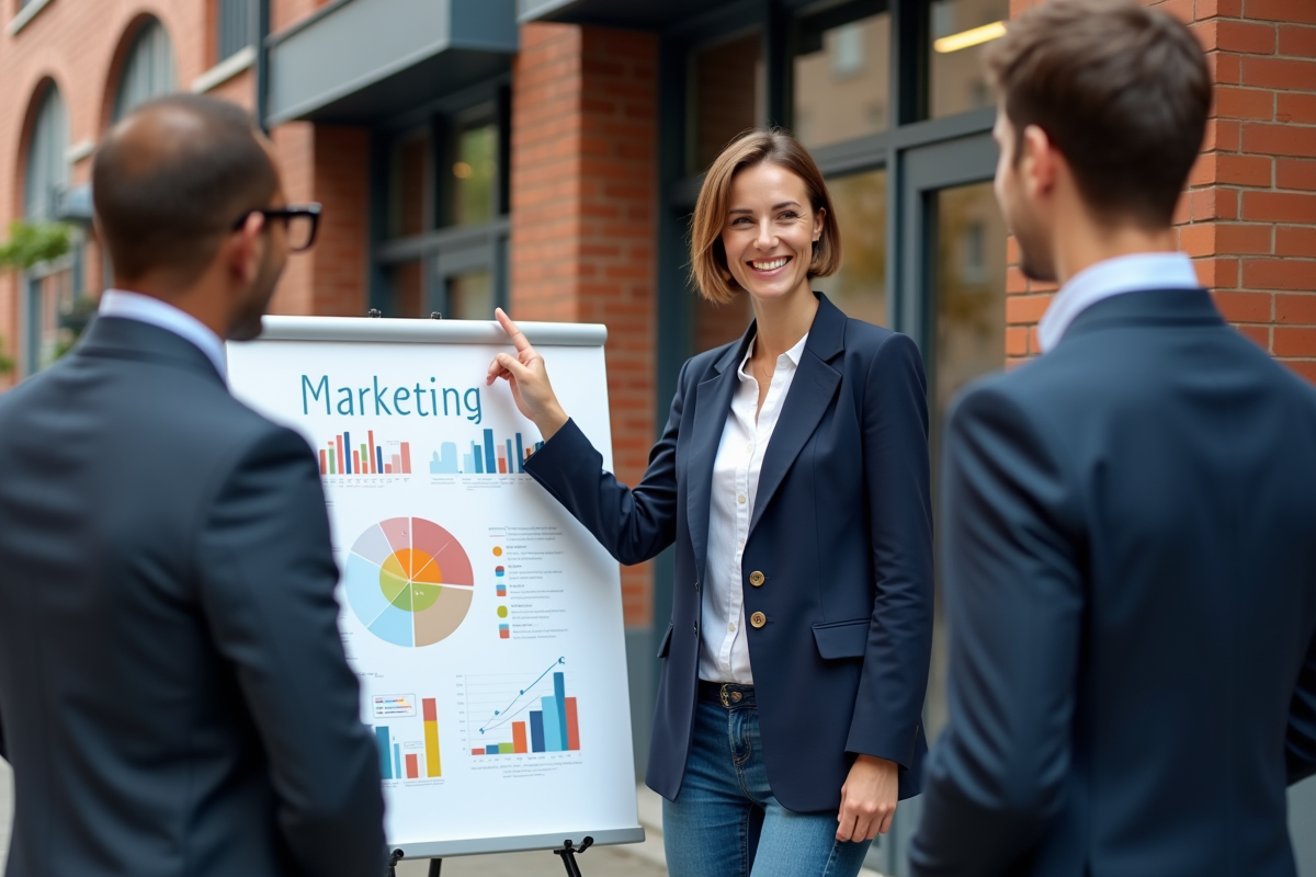 Jeune femme pointant une infographie marketing devant ses collègues