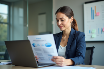 Femme d'affaires concentrée sur son ordinateur dans un bureau moderne