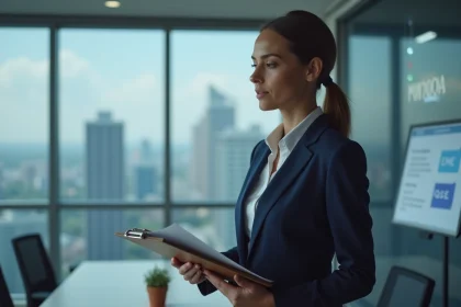 Femme en costume navy examinant des documents dans un bureau moderne