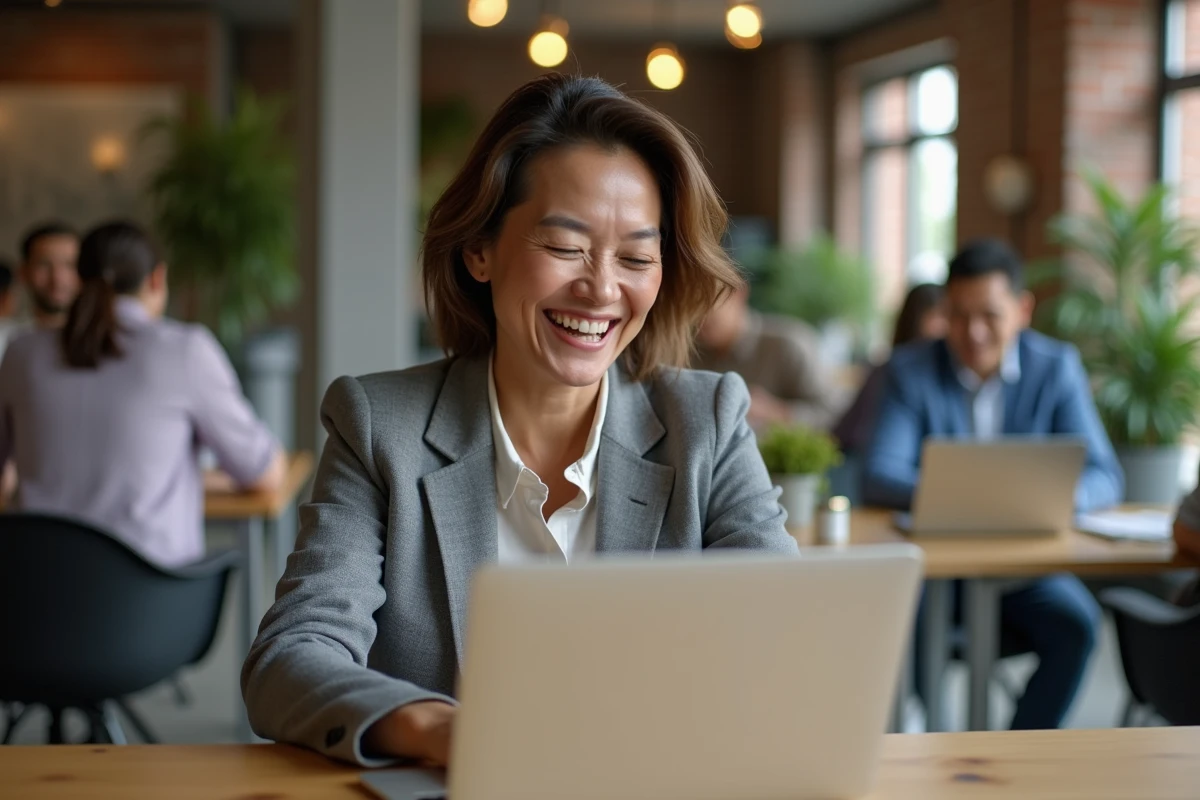 Femme professionnelle riant devant son ordinateur portable dans un espace de travail moderne, illustrant la dédramatisation du quotidien au bureau