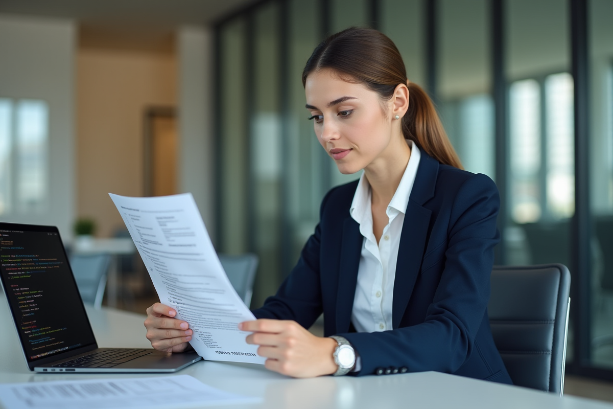 Jeune femme en blazer blanc et navy examine une politique de securite