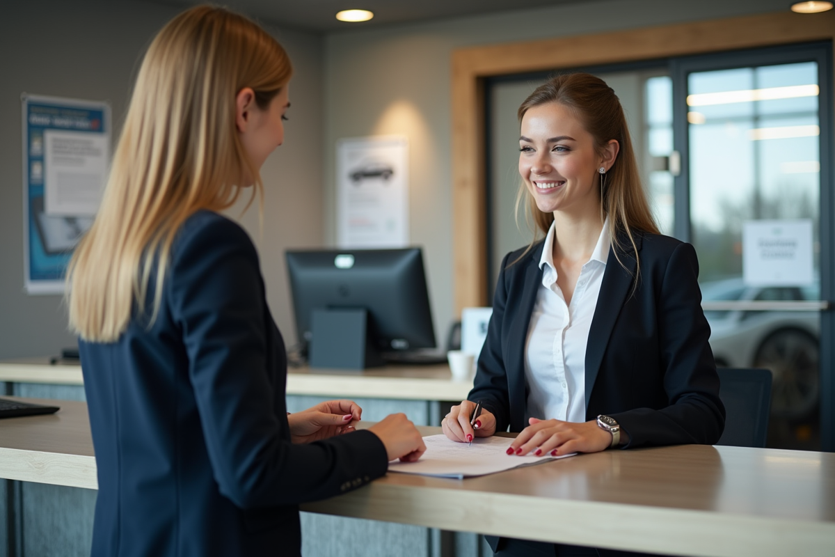 Femme en tenue professionnelle au comptoir de location