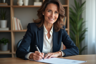 Femme d'âge moyen signant un document avec confiance