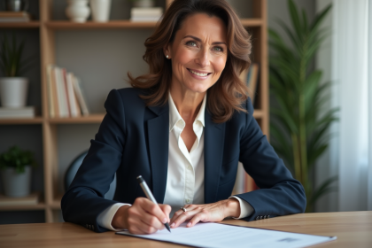 Femme d'&acirc;ge moyen signant un document avec confiance