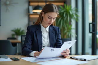 Femme en bureau comparant dossiers EURL et EI