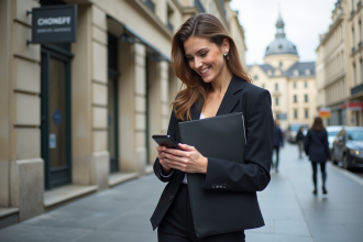 Femme d affaires souriante vérifiant son téléphone devant un bâtiment moderne