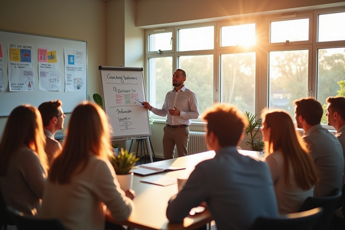 Groupe en formation coaching en salle lumineuse
