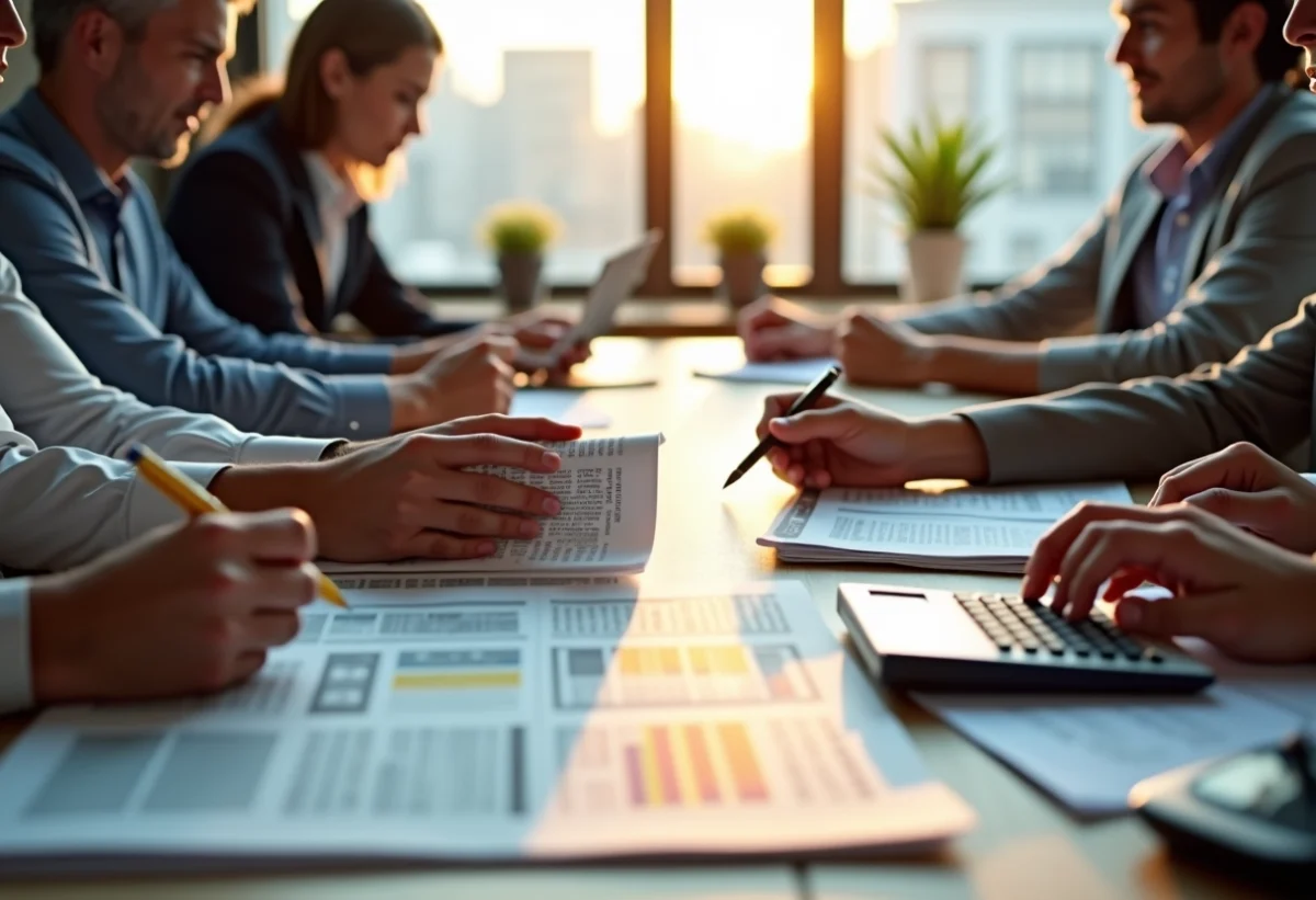 Groupe de professionnels en réunion examinant des pages de journal publicitaire