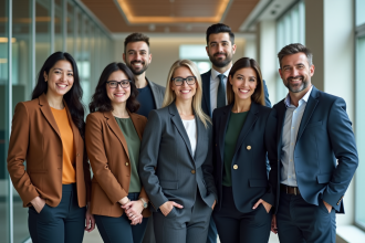Groupe divers d'employés de bureau souriants dans un hall moderne