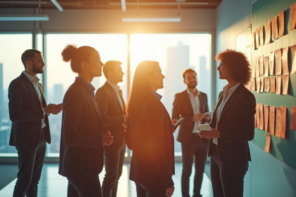 Groupe de collègues divers dans un bureau lumineux collaborant