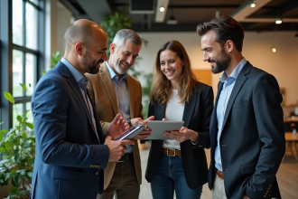 Groupe diversifié en coworking discutant avec tablette