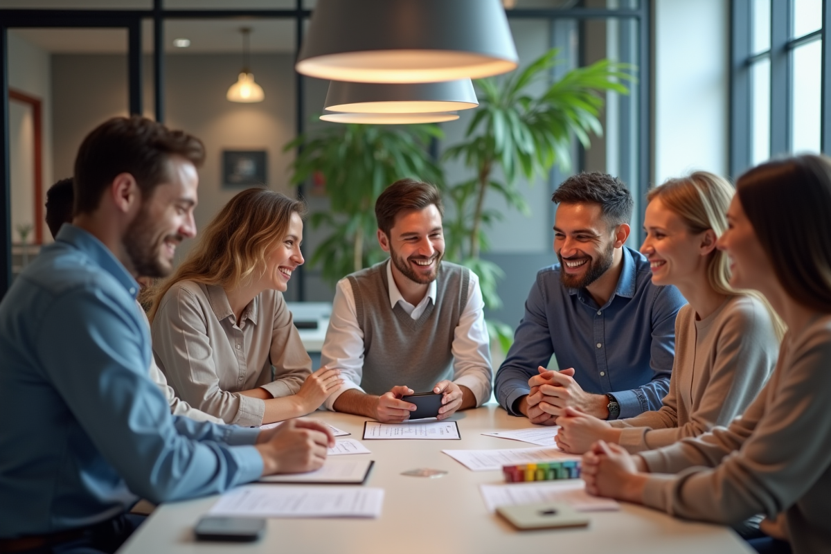 Groupe diversifié autour d'une table avec produits de marques