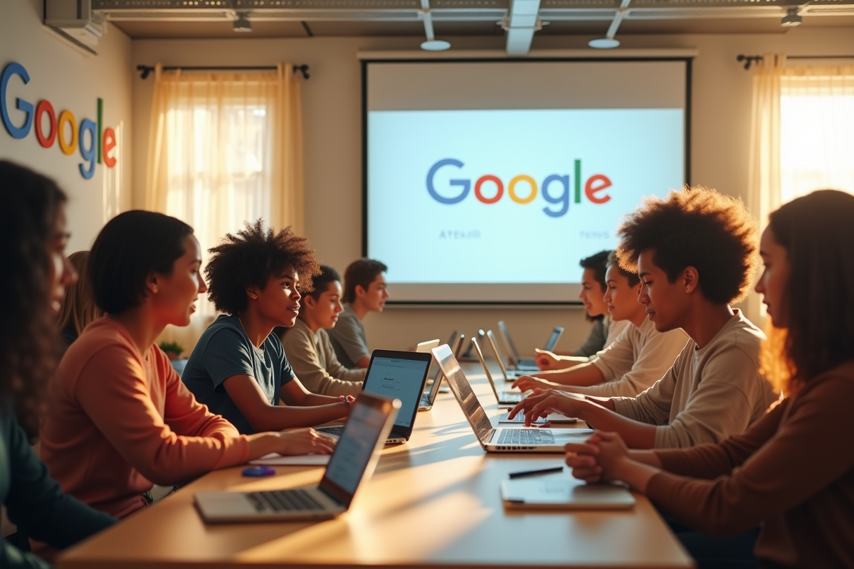 Groupe de jeunes adultes dans une salle lumineuse avec logos Google