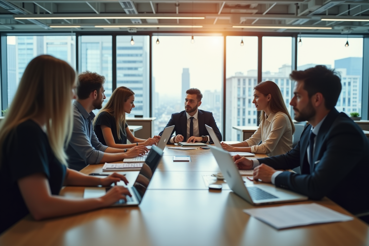 Groupe de professionnels en réunion de travail dans un bureau lumineux