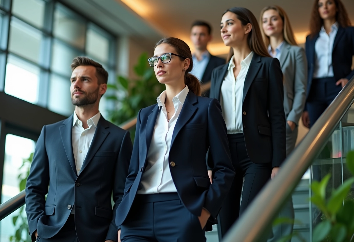 Groupe de professionnels en réunion de travail dans un bureau lumineux