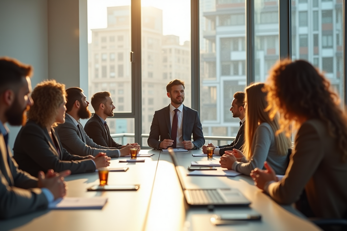 Groupe de professionnels en réunion dans un bureau lumineux