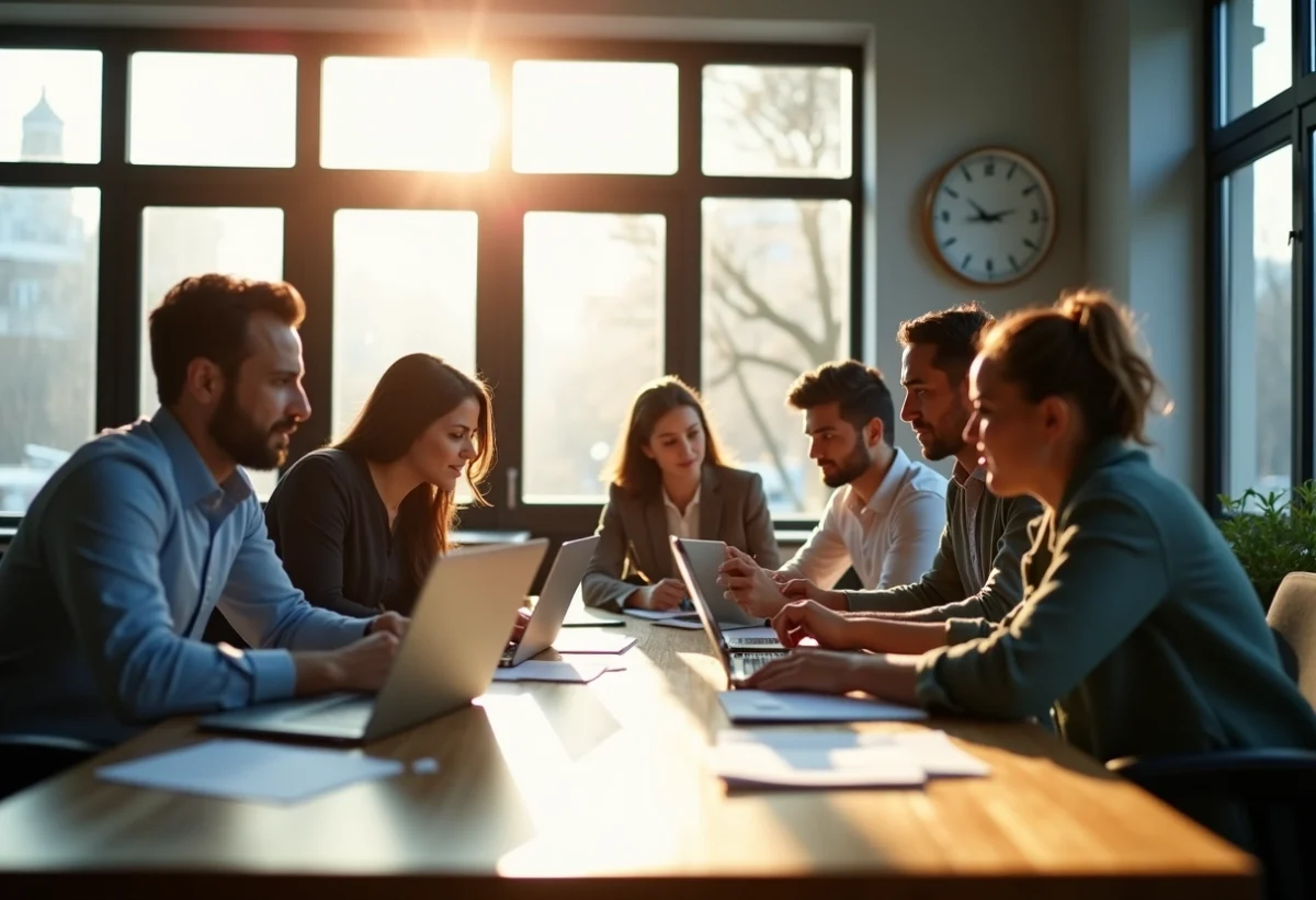 Groupe de travailleurs divers dans un bureau moderne collaborant