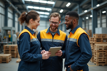 Groupe de travailleurs en usine discutant sur le site industriel