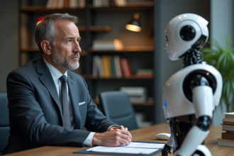 Homme d'affaires et robot humanoide dans un bureau moderne
