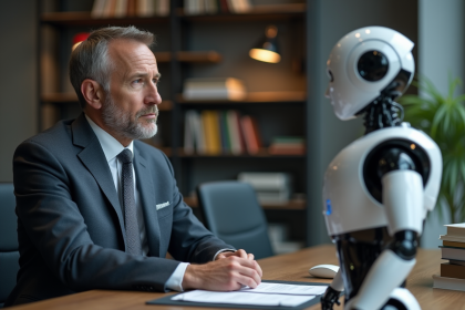 Homme d'affaires et robot humanoide dans un bureau moderne