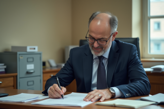 Homme d'affaires signant des documents dans un bureau
