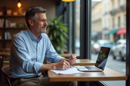 Homme d'&acirc;ge moyen au caf&eacute; avec contrat et ordinateur