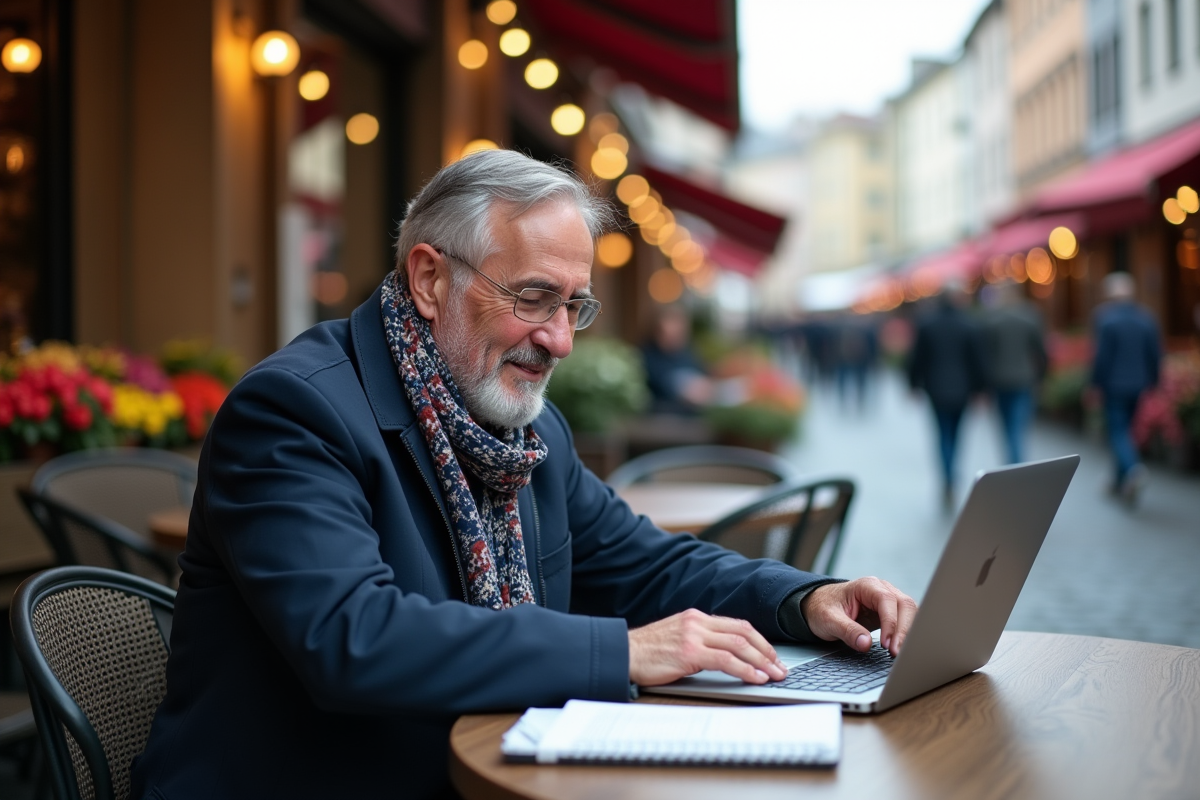 Homme au café analysant des rapports de tendances