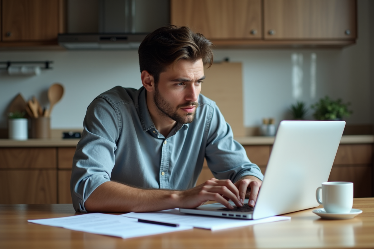 Jeune homme français travaille à la maison sur un ordinateur portable