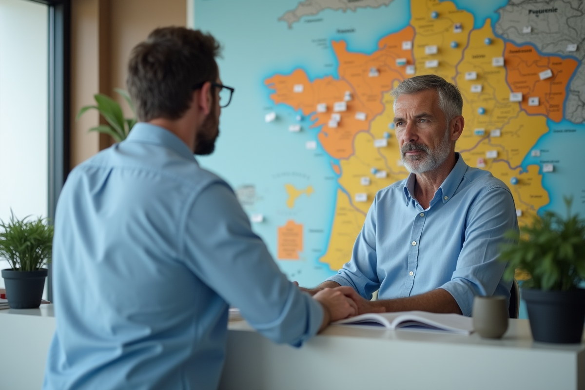 Homme d affaires regardant une carte de France dans un lobby moderne