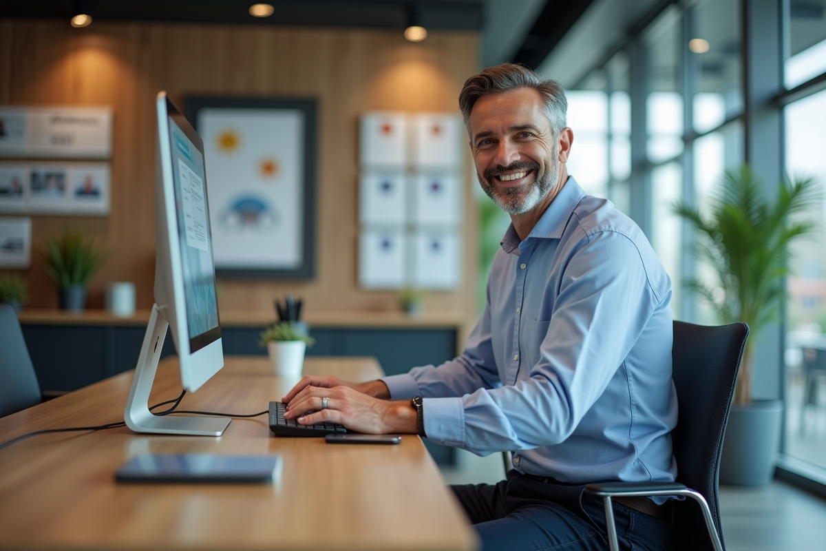 Homme d affaires souriant devant son ordinateur