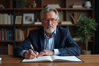 Homme d'&acirc;ge moyen en costume bleu dans un bureau moderne