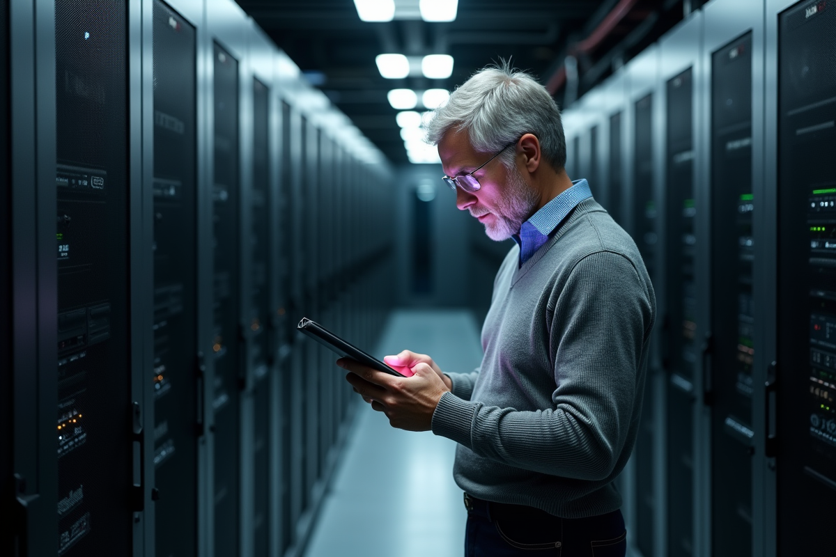 Homme professionnel en pull gris utilise un tablette dans un centre serveur