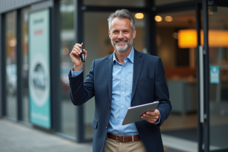 Homme souriant avec clés de voiture devant agence de location