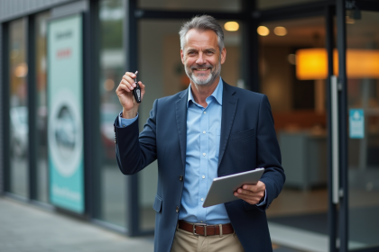 Homme souriant avec clés de voiture devant agence de location