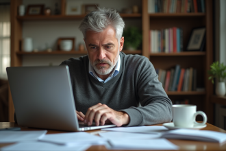 Homme d'âge moyen travaillant à la maison avec ordinateur