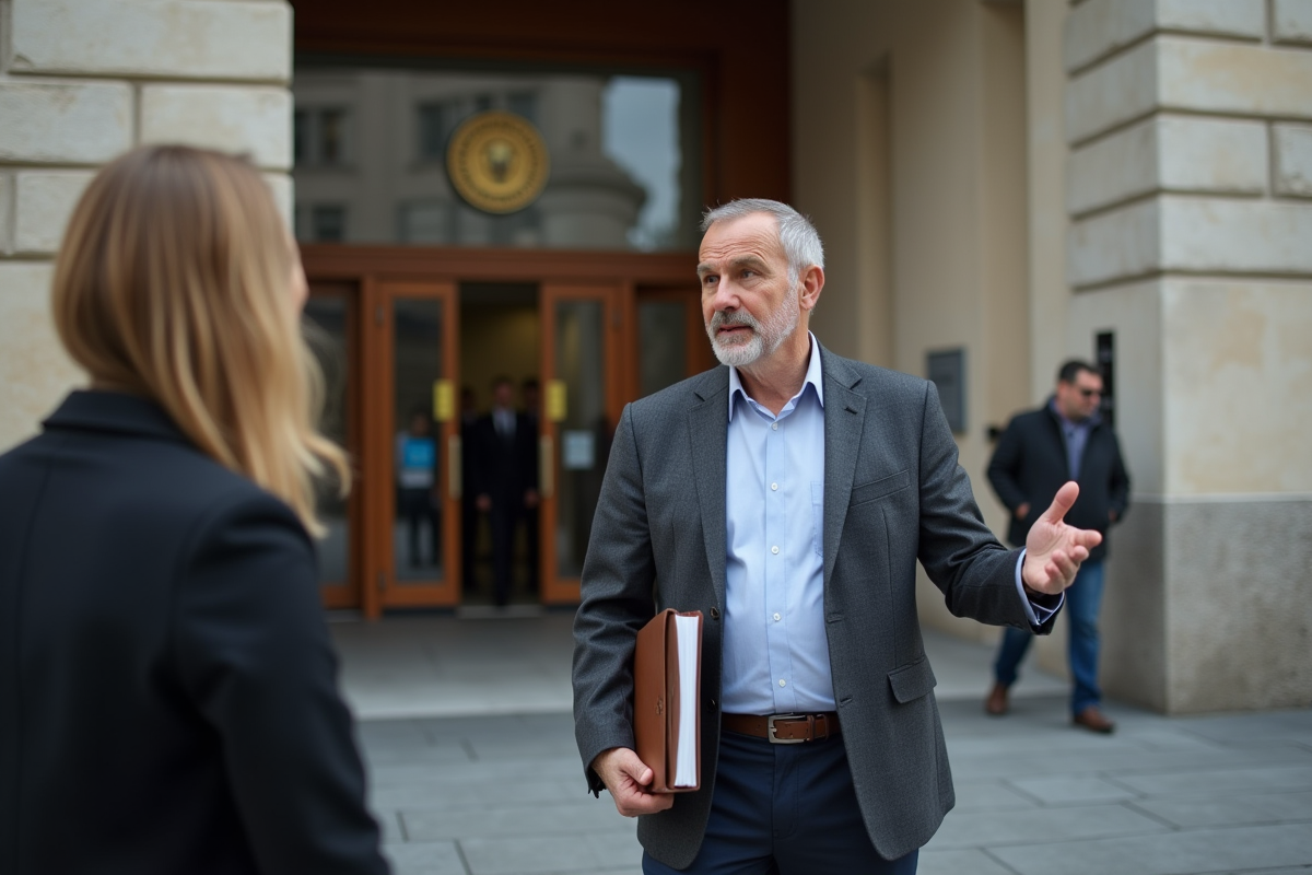 Homme en blazer discutant devant un palais de justice moderne