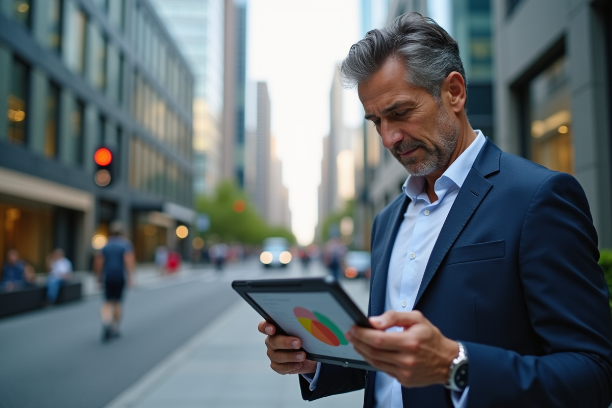 Homme d affaires regardant un graphique sur une tablette en ville