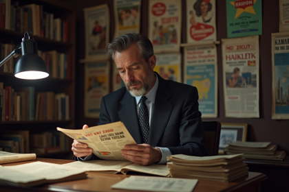 Homme d'âge moyen examinant une publicité vintage dans un bureau ancien