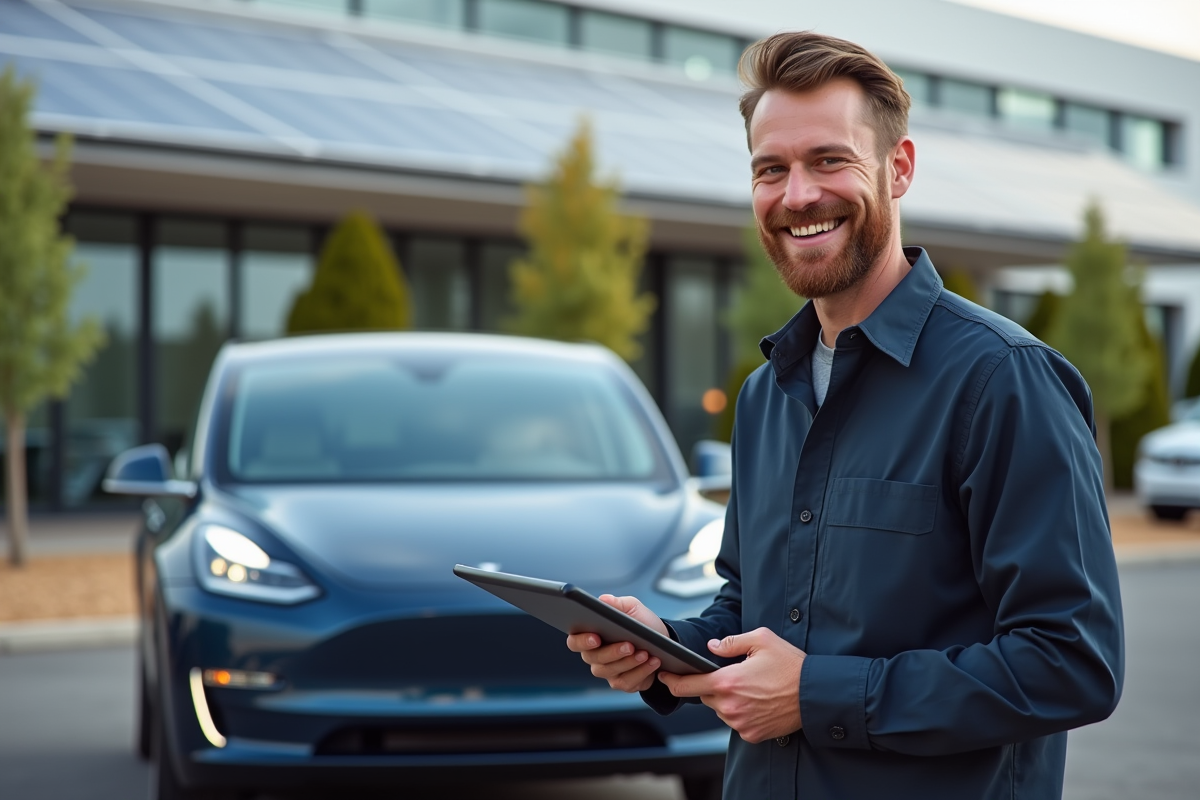 Ingénieur Tesla souriant devant un véhicule électrique avec diagnostics