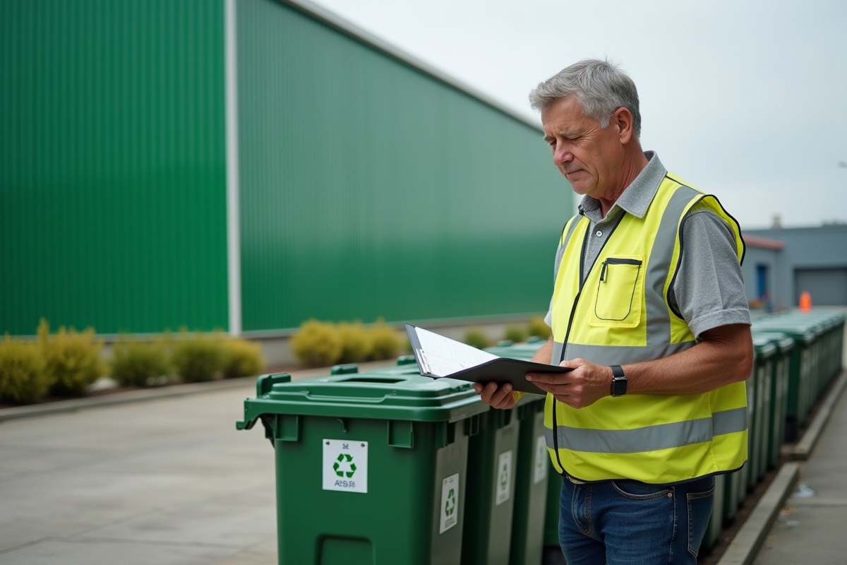 Homme inspecte des bacs de recyclage devant une usine