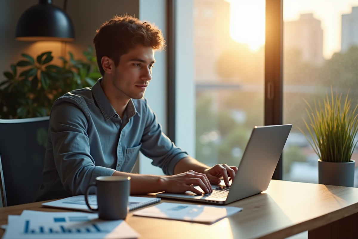 Jeune entrepreneur travaillant sur un ordinateur avec graphiques