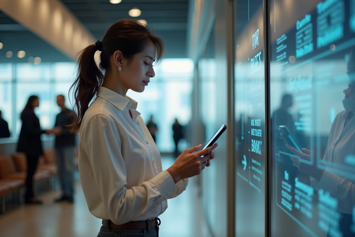 Jeune femme lisant un écran d