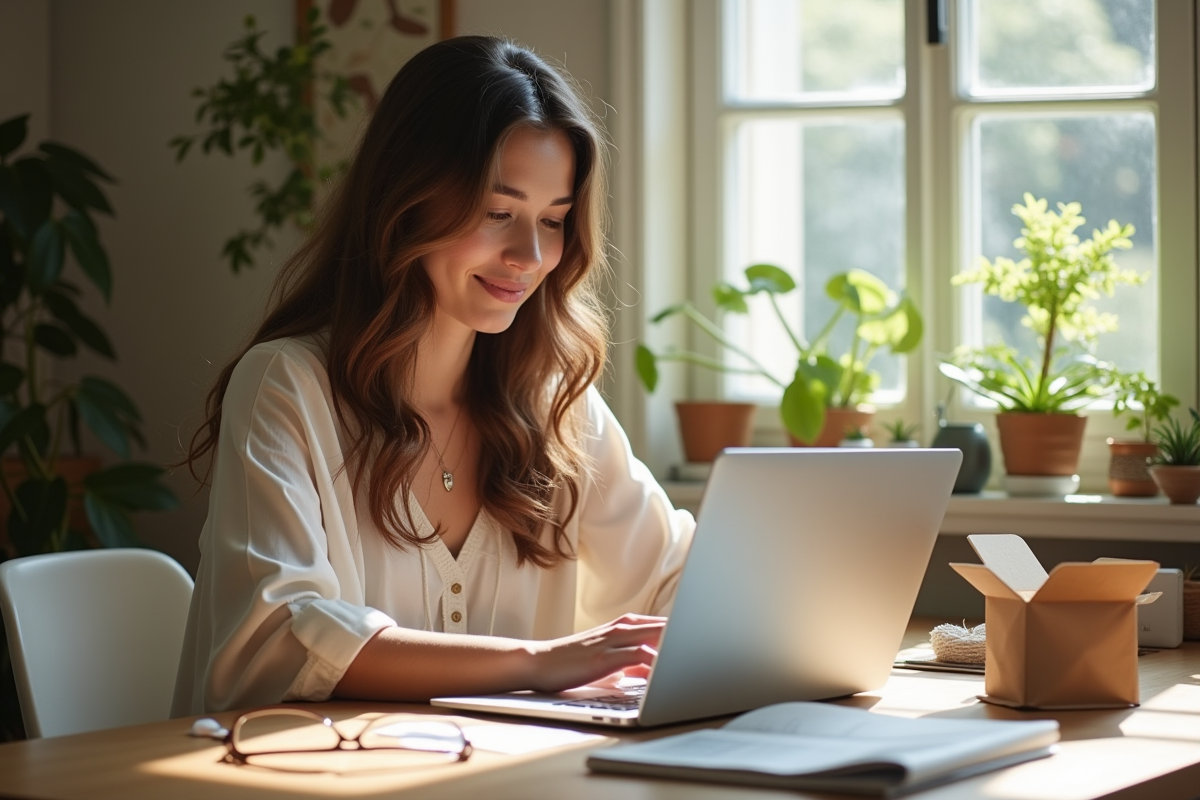 Jeune femme entrepreneure travaillant sur son ordinateur dans un bureau lumineux