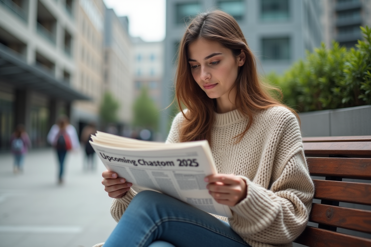 Jeune femme lisant un journal en plein air en ville