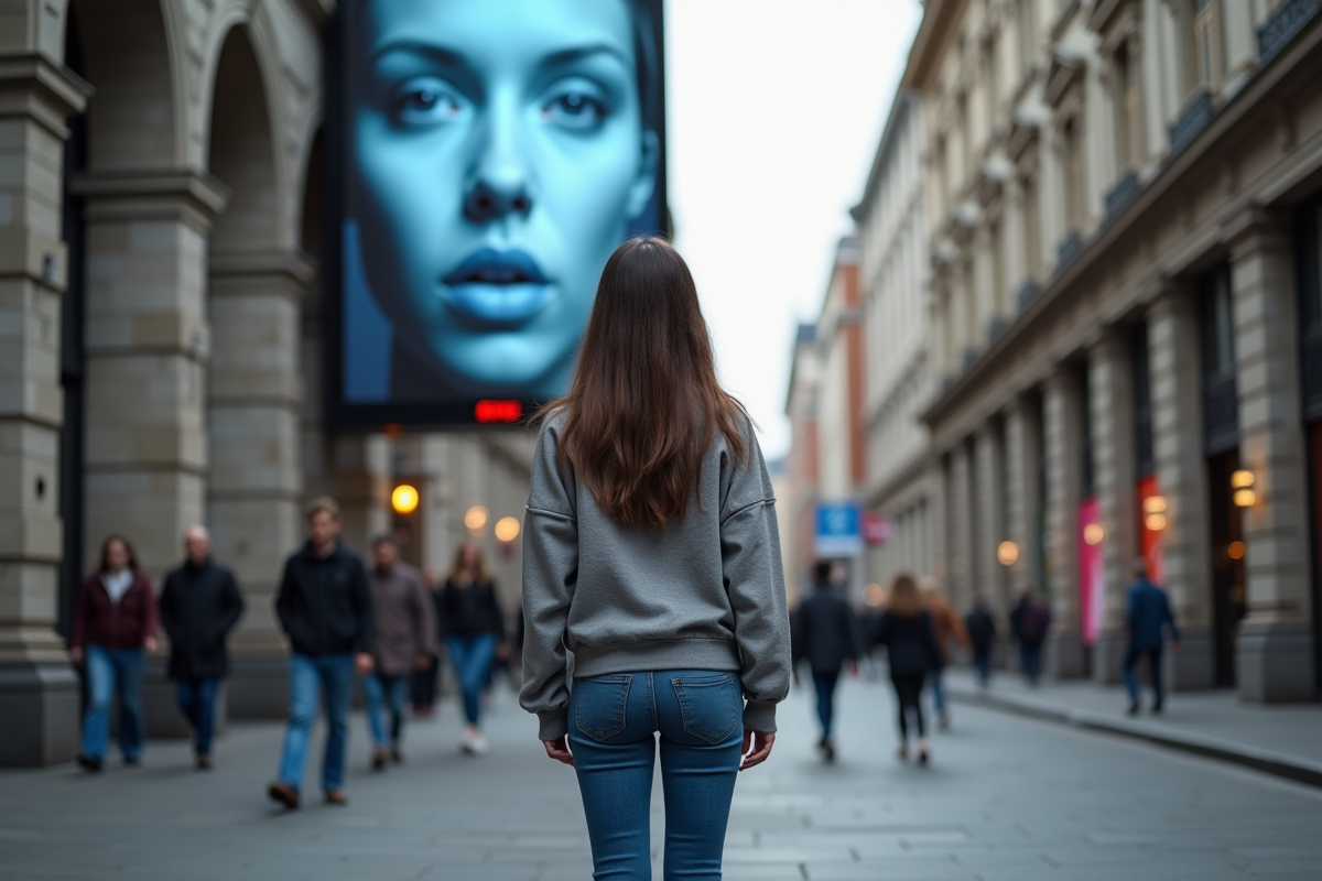 Jeune femme regardant un panneau digital avec visage AI en ville