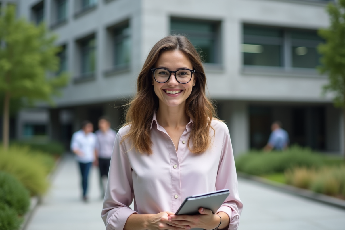 Jeune femme souriante avec ses collègues devant une université