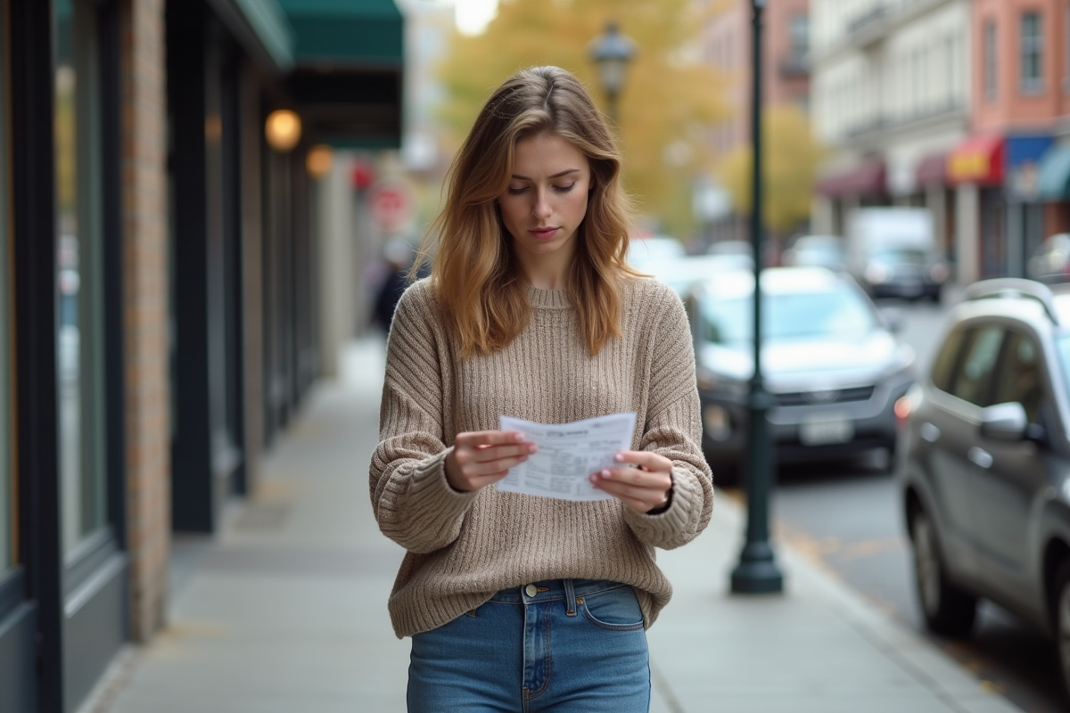 Jeune femme regardant un ticket de stationnement dans la rue